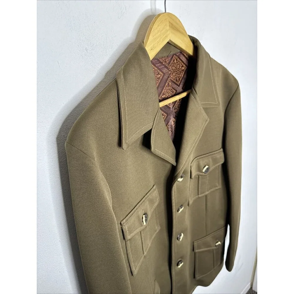 Vintage 1960s Military Dress Jacket Blazer‎ Men 44 Tall Khaki  Hippie